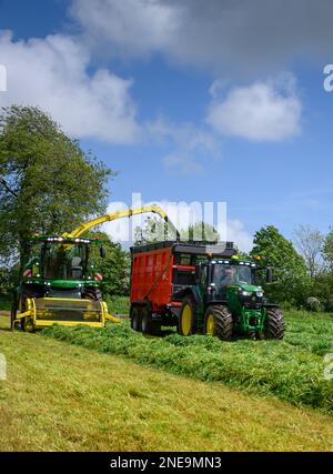 Selbstfahrender Feldhäcksler von John Deere, der einen von einem Traktor von John Deere gezogenen Anhänger mit Gras für eine Silageklammer auf einem Milchviehbetrieb in Dumfries, Großbritannien, füllt. Stockfoto