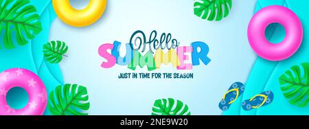 „Hello Summer“-Vektordesign. „Hello Summer“-Text im abstrakten Hintergrund mit Flipflop- und Posterelement. Bannerdesign mit Vektorgrafik für die Sommersaison Stock Vektor