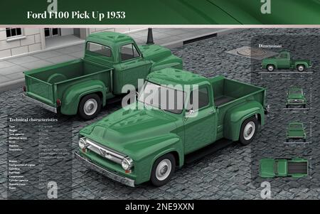 Computergrafiken zu den technischen Daten des Ford F100 Pick Up 1953. [Adobe InDesign (.indd); 5196x3248]. Stockfoto