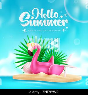 „Hello Summer“-Vektordesign. Hello Summer Text with Flamingo Beach Element in Island background. (Hallo Sommertext mit Flamingo Beach Element im Inselhintergrund) Vektorbild Sommersaison-Design. Stock Vektor