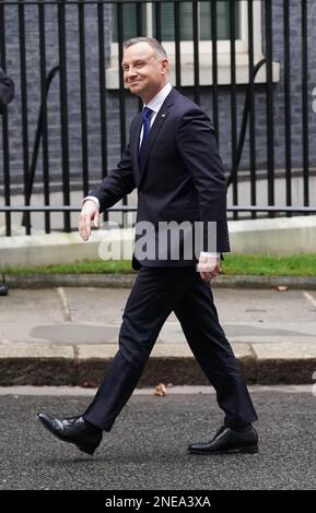 Polnischer Präsident Andrzej Duda trifft zu Gesprächen mit Premierminister Rishi Sunak vor der Downing Street 10 in London ein. Foto: Donnerstag, 16. Februar 2023. Stockfoto