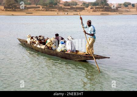 Der Niger-Mann bringt Menschen und Ziegen über den Fluss Niger. Stockfoto
