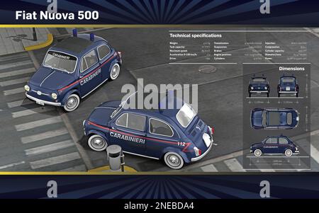 Infografik zu den technischen Merkmalen und Abmessungen des Fiat Nuova 500, dem Polizeiwagen der Sicherheitskräfte des italienischen Staates, der Carabinieri. [Adobe InDesign (.indd); 4960x3248]. Stockfoto