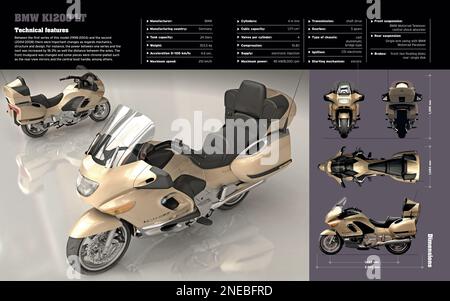 Infografik zu den technischen Merkmalen und Abmessungen des Motorrads BMW K1200 LT. [Adobe InDesign (.indd); 5196x3248]. Stockfoto