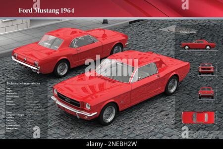 Computergrafiken zu den technischen Daten des Ford Mustang 1964. [Adobe InDesign (.indd); 5196x3248]. Stockfoto