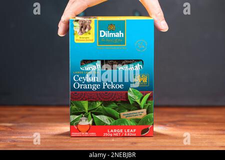 Tjumen, Russland-23. Januar 2023: Dilmah-Tee. Dilmah ist eine der berühmten Marken in der Teeindustrie. Stockfoto