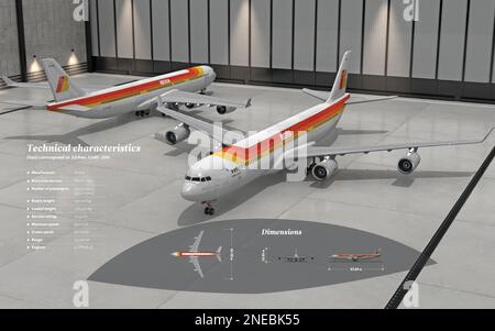 Computergrafiken der technischen Merkmale und der Größe des Nutzflugzeugs Airbus A340-300. [Encapsulated PostScript File (.eps); 5196x3248]. Stockfoto