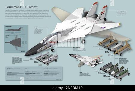 Infografik des Grumman F-14 Tomcat, einem Überschallbomberjäger der US Navy (United States Navy). [Adobe InDesign (.indd); 5078x3188]. Stockfoto