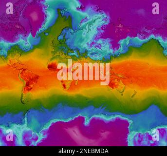 Dresden, Deutschland - 14. Februar 2023: Weltkarte auf dem Webservice „Windy Weather“ mit globalen Hitzewellen mit extrem hohen Temperaturen in der Südhalbkugel Stockfoto