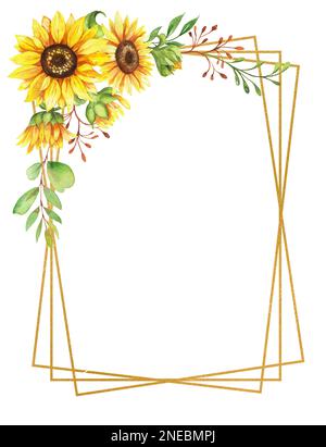 goldener Rahmen mit Sonnenblumenblumen, Aquarell Stockfoto