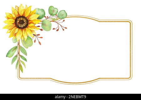 goldener Rahmen mit Sonnenblumenblumen, Aquarell-Illustration Stockfoto