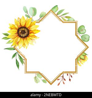 goldener Rahmen mit Sonnenblumenblumen, Aquarell-Illustration Stockfoto