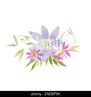 Ein Strauß wunderschöner, zarter, lila Clematis-Blumen mit Lockenschnuppen, Blättern. Aquarellzeichnung. Zeichnen von Hand für Grußkarten, Grußkarten, Drucken Stockfoto