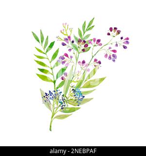 Leuchtend zarter Blumenstrauß mit pinkfarbenen und blau-violetten Blumen und grünen Blättern, Aquarell-Illustration. Stockfoto