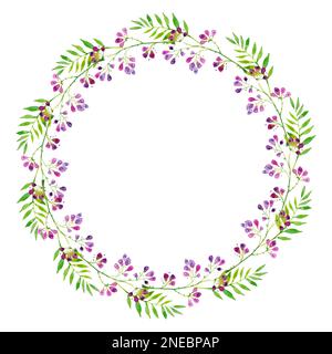 Ein heller Kranz aus Zweigen von violetten Blumen und grünen Blättern, Aquarell-Illustration. Zeichnen von Hand für Druck, Grüße, Logos Stockfoto
