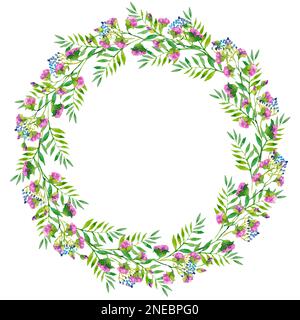 Ein leuchtender Kranz aus Zweigen von violetten Blumen und grünen Blättern, blauen Beeren, Aquarell Illustration. Zeichnen von Hand für Druck, Grüße, Logos Stockfoto