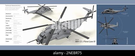 Infografik des Helikopters Sikorsky MH-53J Pave Low III der US-Armee, die 1981 ihre Arbeit aufnahm. [Adobe Illustrator (.ai); 6496 x 2421]. Stockfoto