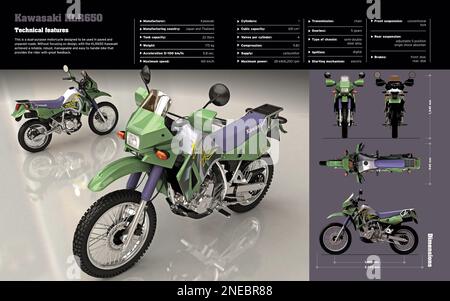 Infografik zu den technischen Merkmalen und Abmessungen des Motorrads Kawasaki KLR650. [Adobe InDesign (.indd); 5196x3248]. Stockfoto