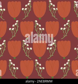 Nahtlose rote Tulpe mit isolierten handgezeichneten roten und weißen Blumen. Süßer durchgehender Aufdruck Stockfoto