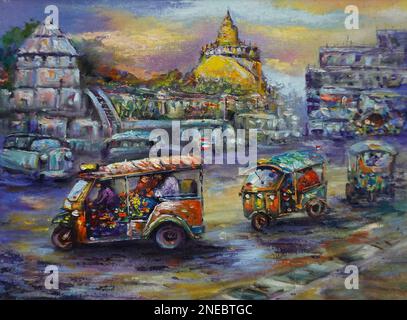 Kunst Ölgemälde schöne Kunst Thailand Tuk Tuk, Fahrzeug, siam Land des Lächelns Stockfoto