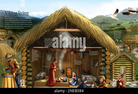 Infografiken über das tägliche Leben der Wikinger in einem Dorf und seine typische Wohnstruktur. [QuarkXPress (.qxp); 6188x3921]. Stockfoto