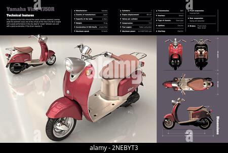 Infografik zu den technischen Merkmalen und Abmessungen des Motorrads Yamaha Vino YJ50R. [Adobe InDesign (.indd); 5196x3248]. Stockfoto