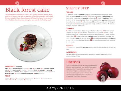 Rezept für die Herstellung von typisch deutschem Kuchen, Schwarzwald, ein Kuchen mit Haselnüssen, Schokolade und zerstoßenen Keksen, getränkt in Kirsch (Kirschlikör). Zutaten, Küchengeräte und Art der Zubereitung bis ins Detail. [Adobe InDesign (.indd); 3507x2480]. Stockfoto