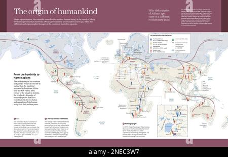 Computergrafiken, die den Ursprung und die geografische Ausdehnung der Menschheit zeigen: Vom Australopithecus zum modernen Menschen (von 4 Millionen Jahren bis 150.000 Jahre). [Adobe InDesign (.indd); 4960x3188]. Stockfoto