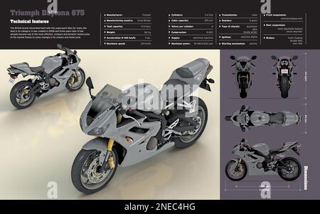 Infografik zu den technischen Merkmalen und Abmessungen des Motorrads Triumph Daytona 675. [Adobe InDesign (.indd); 5196x3248]. Stockfoto