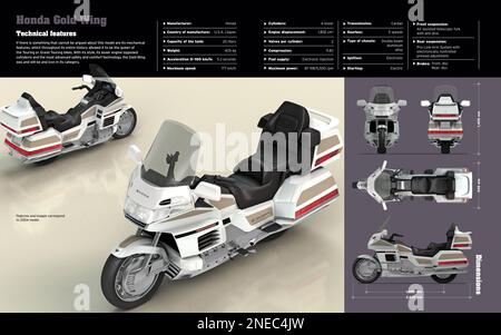 Infografik zu den technischen Merkmalen und Abmessungen des Honda Gold Wing. [Adobe InDesign (.indd); 5196x3248]. Stockfoto