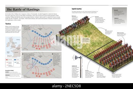 Infografik über die Schlacht von Hastings (1066), Krieg, in dem Norman gegen Sachsen kämpfte. [Adobe InDesign (.indd); 5078x3188]. Stockfoto