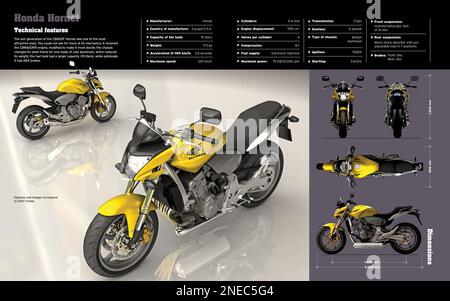 Infografik zu den technischen Merkmalen und Abmessungen des Motorrads Honda Hornet. [Adobe InDesign (.indd); 5196x3248]. Stockfoto