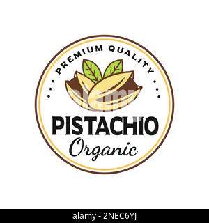 Pistazienmutter-Emblem mit Blattsymbol, Logo-Vorlage. Pistaziensamen mit Schale, Vektordesign. Vegetarische und biologische, natürliche Speisen und Nutri Stock Vektor