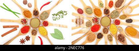 Mischung aus Gewürzen in Löffel aus Holz, auf einem weißen Hintergrund. Ansicht von oben. Flach. Eingestellt oder Sammlung Stockfoto