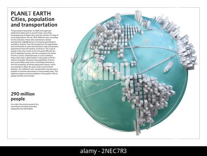 Symbolisches Bild des Planeten Erde in Bezug auf die große Zahl von Städten und die daraus resultierende Bevölkerung und Transportmittel, die die Lebensqualität aller Lebewesen beeinträchtigen. [Adobe InDesign (.indd)]. Stockfoto