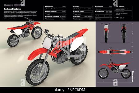 Infografik zu den technischen Merkmalen und Abmessungen des Motorrads Honda CR250. [Adobe InDesign (.indd); 5196x3248]. Stockfoto