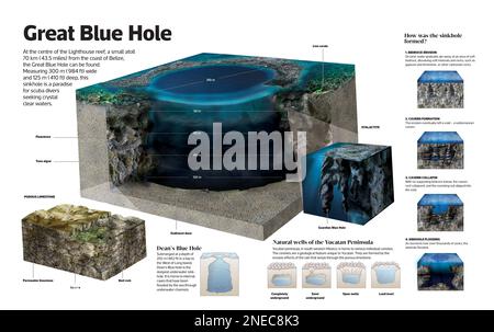 Infografik zum Great Blue Hole, einem Loch an der Küste von Belize. [Adobe InDesign (.indd); 5078x3188]. Stockfoto