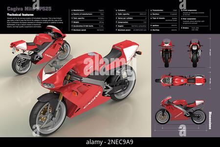 Infografik zu den technischen Merkmalen und Abmessungen des Motorrads Cagiva Mito SP525. [Adobe InDesign (.indd); 5196x3248]. Stockfoto