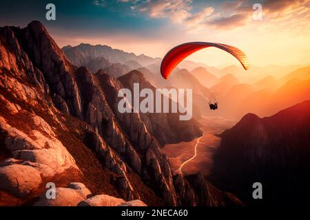 Gleitschirmfliegen über die Landschaft von der Natur aus wunderschöne Berglandschaft des Himmels. Gleitschirmfliegen. Das Konzept des Extremsports, des Stehens Stockfoto