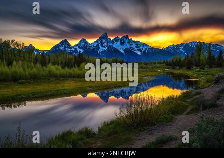 Sonnenuntergang über Schwabacher Landing im Grand Teton National Park, Wyoming Stockfoto