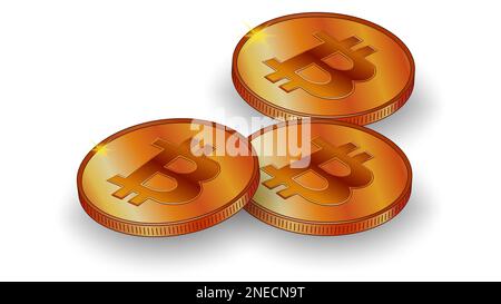 Drei Goldmünzen Bitcoin BTC mit Schatten in isometrischer Ansicht isoliert auf weißem Hintergrund. Vektordesign-Element. Stockfoto