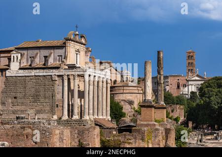 Forum Romanum in Rom, Italien, Tempel von Antoninus und Faustina und Chiesa di San Lorenzo in der Kirche Miranda, Tempel Tempio di Romolo und Ehrenkollege Stockfoto