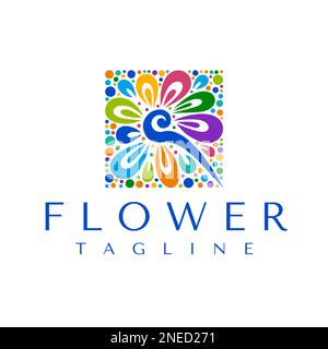 Vorlage für farbenfrohes Blumenlogo. Quadratischer, lustiger Grafikvektor mit Blumenmuster. Stock Vektor