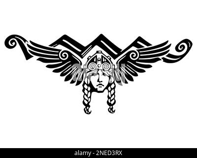 Viking Design. Valkyrie in einem geflügelten Helm. Bild von Valkyrie, einer Kämpferin aus der skandinavischen Mythologie Stock Vektor