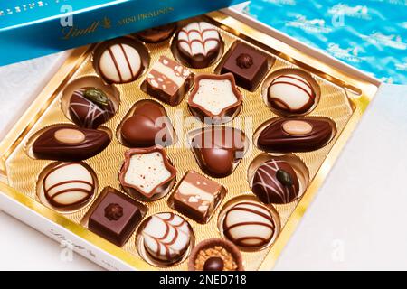 Zürich, Schweiz - Januar 7 2023: Lindt Mini Pralines Box. Nahaufnahme einer offenen kleinen Geschenkbox mit Süßigkeiten aus Schweizer Schokolade. Luxuriöse Auswahl an Milch, dunklen und weißen Miniatur-Meisterwerken. Stockfoto