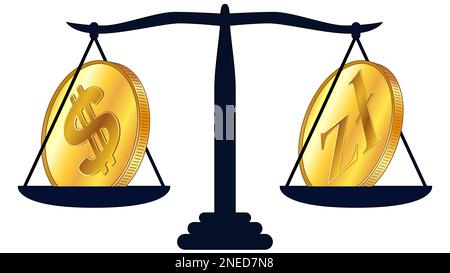 Goldmünze des US-Dollar USD und des polnischen Zloty PLN auf einer isolierten Waage auf weißem Hintergrund. Gesetze zu digitalen Vermögenswerten CBDC. Vektordesign-Element. Stockfoto