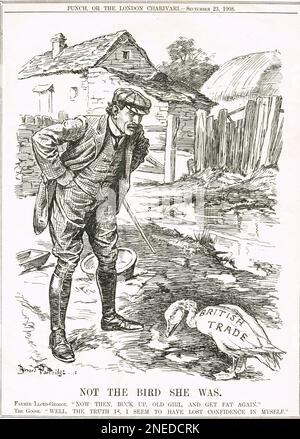 Nicht der Vogel, der sie war. 1908 Punch Cartoon von Bernard Partridge, in dem Lloyd George als Bauer dargestellt wird, der der Gans des britischen Handels erzählt, die das Vertrauen verloren hat, wieder fett zu werden Stockfoto