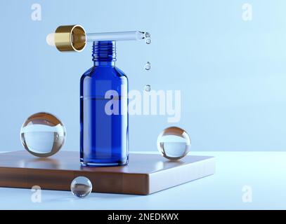 Blaues Modell Aus Glasflasche. Сosmetic Serumpipette mit goldenen Kugeln – 3D-Rendering zur Illustration Stockfoto