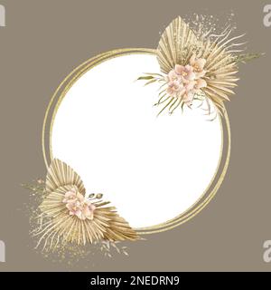 Aquarelle Blumenvorlage im Boho-Stil. Handgezeichnete Illustration mit Orchideenblumen und trockenen Palmenblättern für Grußkarten oder Hochzeitseinladungen. Tropischer Künstlerkranz mit goldener Textur. Stockfoto