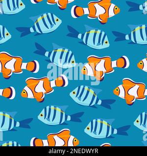 Exotische, leuchtende Fische, nahtloses Muster. Vektor-Clownfisch im flachen Stil. Meereslebewesen. Anemonenfisch Stock Vektor